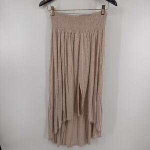 Free People FP Beach Oatmeal Beige Smocked High Low Maxi Skirt Front Slit Size M